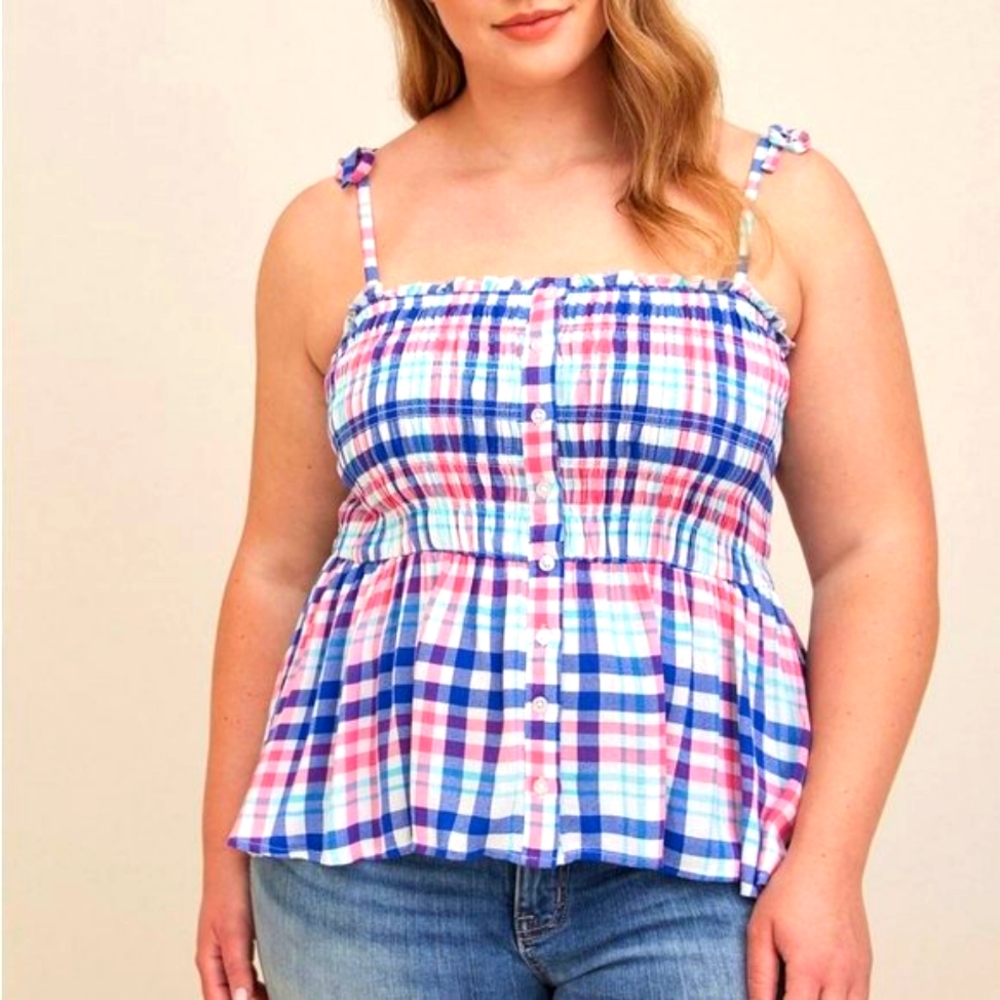 ❤️NWT TORRID PEPLUM SHOULDER TIES - CRINKLE GAUZE PLAID CAMI - PLUS SIZE
